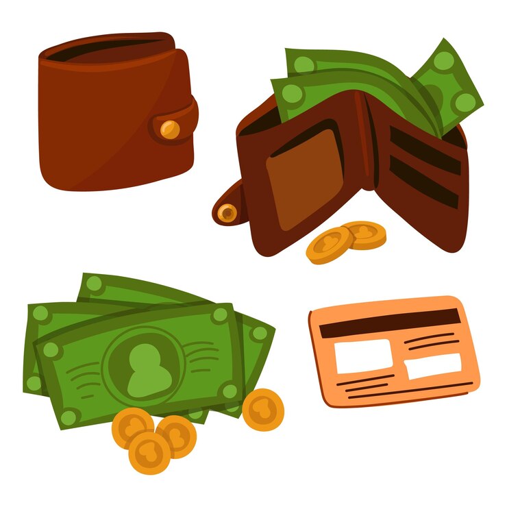 Vector geldkit portemonnee creditcard geld een platte vector geldset creditcard papier geld portemonnee portemonnee