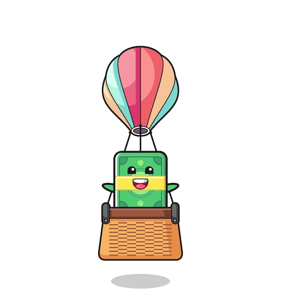 Geldmascotte die op een schattig ontwerp van een heteluchtballon rijdt