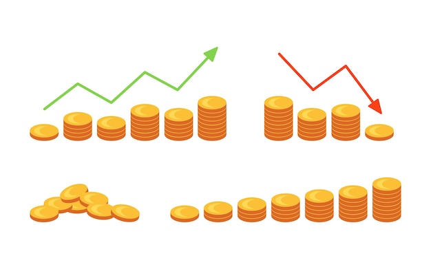 Vector geldstapels van munten met pijlen omhoog en omlaag stapels van gouden munten schat bank en financiën investering winst of voordeel economie valuta groei grafiek concept vector illustratie