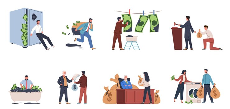 Vector geldwassen mensen die de wet overtreden fraude en financiële machinaties inkomen verbergen corruptie en diefstal wassen vuile valuta financiële misdaad hedendaagse vector cartoon flat set