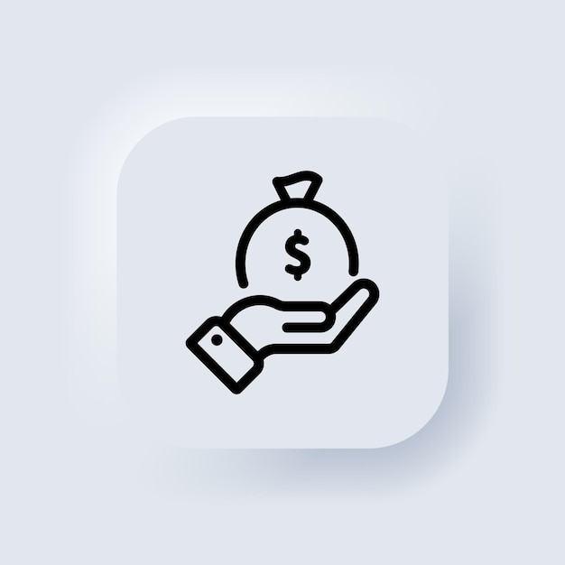 Geldzak in handpictogram. Inkomensgroei, concept van financiële spaarrekeningen. Neumorphic UI UX witte gebruikersinterface webknop. Neumorfisme. Vectoreps 10.