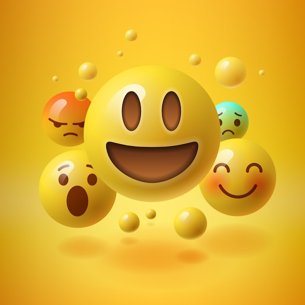 Gele achtergrond met groep smiley emoticons, illustratie