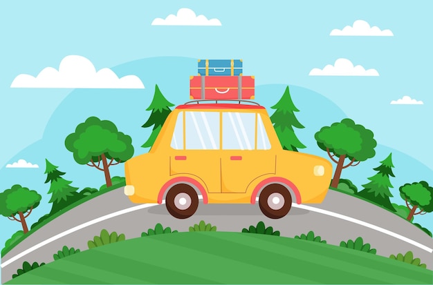 Gele auto met koffers rijdt op de weg Zomervakantie reis vakantie avontuurlijk toerisme