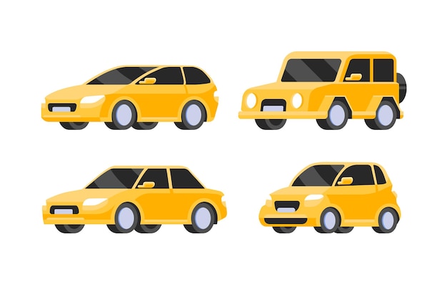 Gele auto's iconen collectie. Vectorillustratie in vlakke stijl. Transportconcept voor auto's en voertuigen