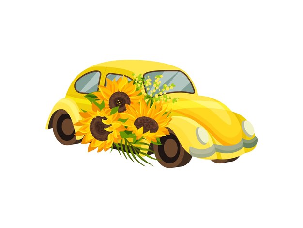 Gele auto versierd met zonnebloemen Rechter weergave vectorillustratie op witte achtergrond