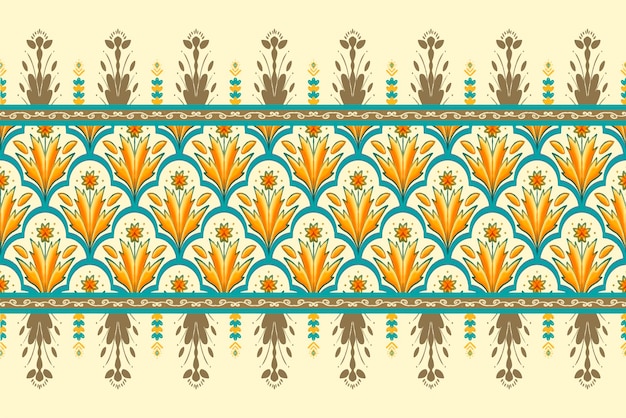 Gele bloem op ivoor groen teal geometrische etnische oosterse patroon traditioneel ontwerp voor achtergrondtapijt, behang, kleding, verpakken, batikstof, vector, illustratie, borduurwerk, stijl