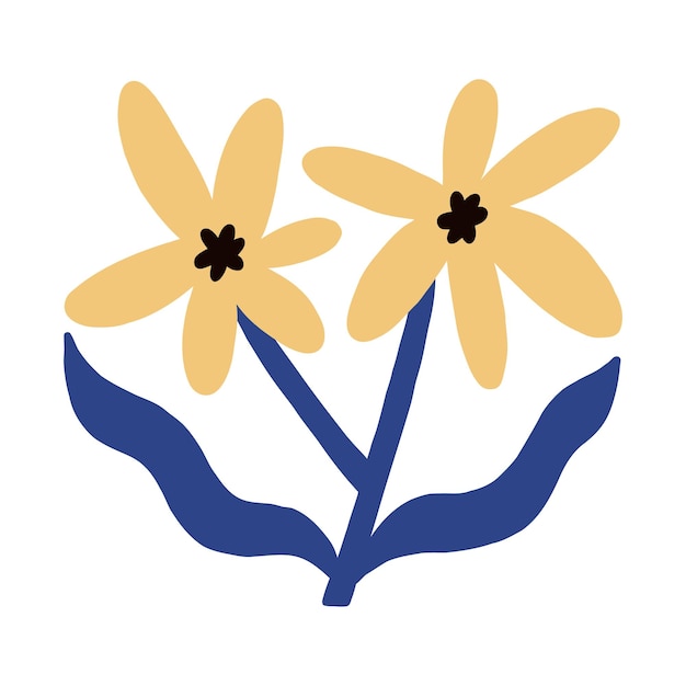 Gele bloemillustratie met blauwe bladeren