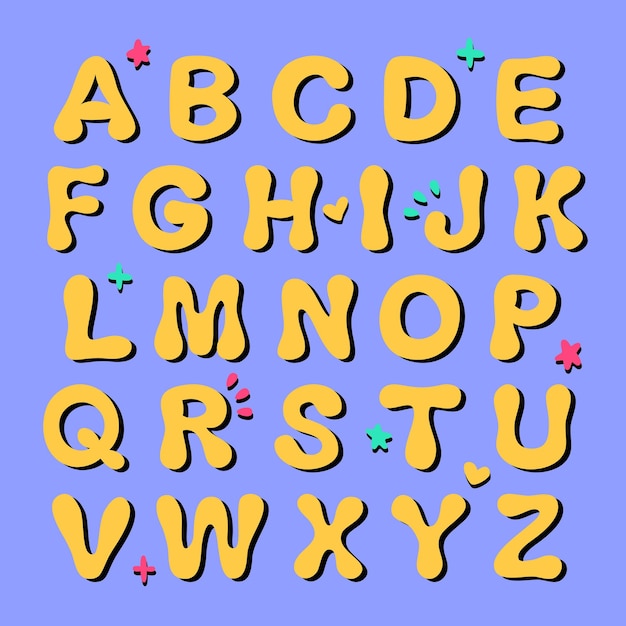 Gele cartoon doodle Engelse alfabet Hand loting lettertype in retro stijl