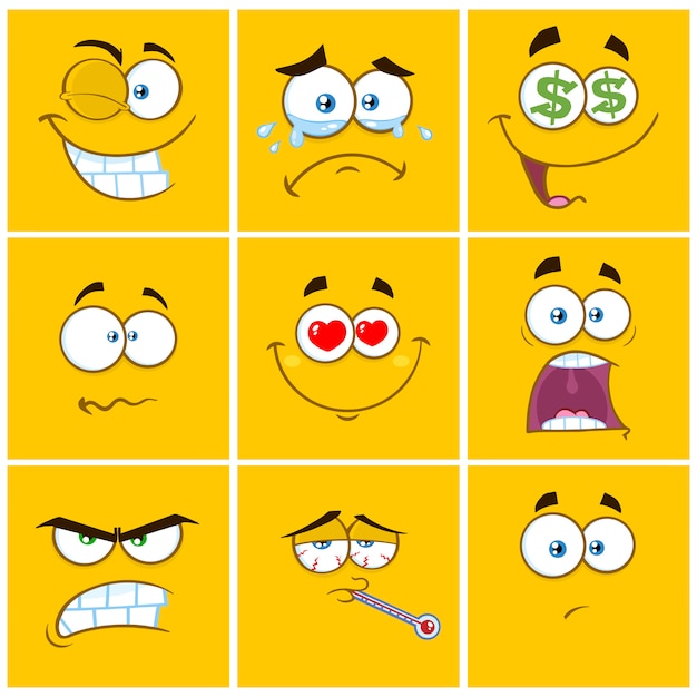 Gele Cartoon vierkante emoticons met expressie Set