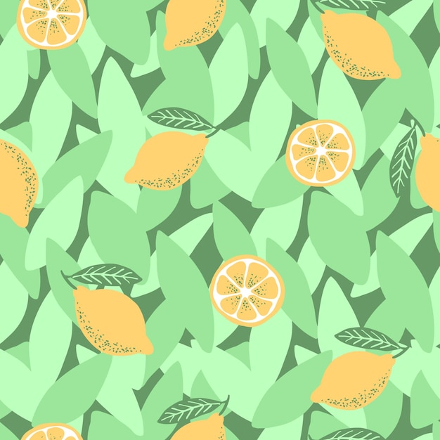 Vector gele citroenen en groene bladeren naadloos patroon