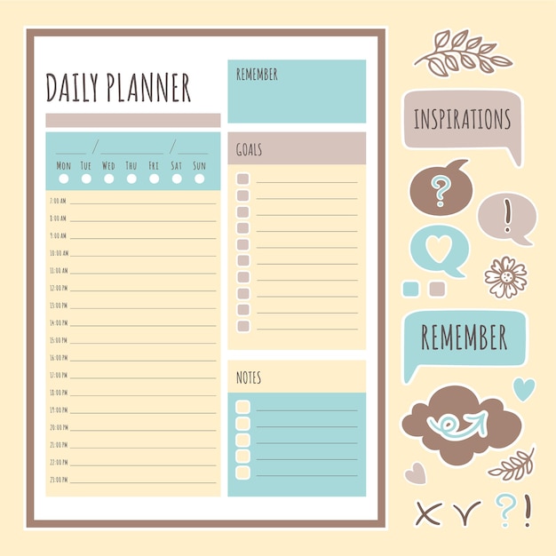 Gele dagelijkse planner stickers afdrukbare paginasjabloon schema en collectie