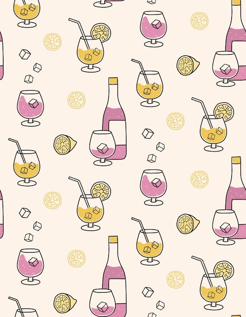 Gele en paarse cocktails met ijsblokjes en citroen naadloze patroon hand getekende vectorillustratie