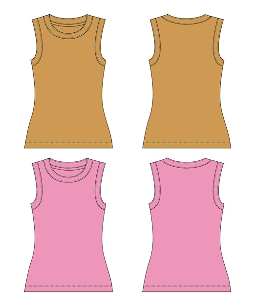 Vector gele en paarse kleur tank tops technische platte schets vector illustratie sjabloon voor dames