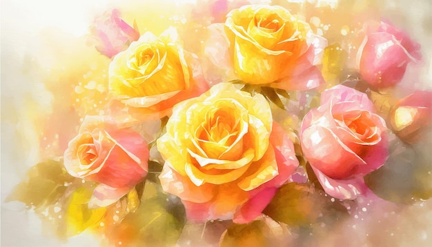 Vector gele en roze rozen geïsoleerde aquarel achtergrond
