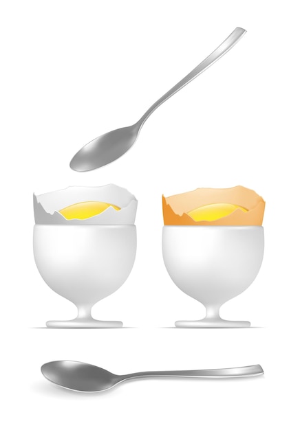 Gele en witte gekookte eieren met lepel en eierdopjes