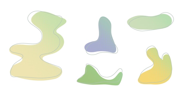 Gele groene vloeibare halftone druppels watervormen set splashes collectie Paint spot blot regen plas olie blobs Onregelmatige abstracte grafische ontwerpelementen Transparante achtergrond Vector illustratie