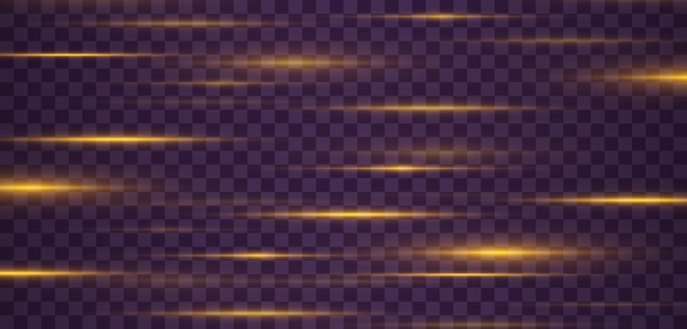 Gele horizontale lensflares pack gloeiende strepen op donkere achtergrond
