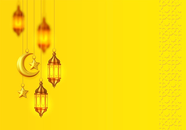 Gele islamitische achtergrond met hangende lantaarns