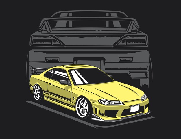 Vector gele jaren 90 japanse auto illustratie met achtergrond auto achtergrond vector ontwerp voor tees