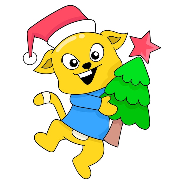 Gele kat met dennenboom vieren kerst doodle pictogram afbeelding kawaii