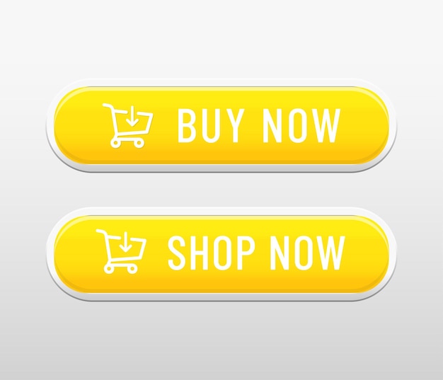 Gele knoppen voor kopen en winkelen met witte tekst en winkelwagenpictogram