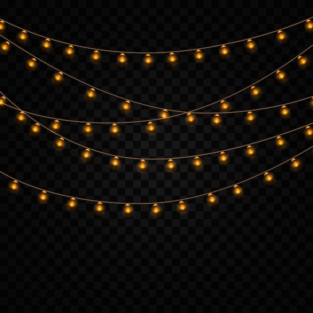 Gele lichten isoleerden realistische elementen op transparante achtergrond. set van gouden gloeiende garland. verlichting voor holiday wenskaart ontwerp. slingers, feestdecoraties.