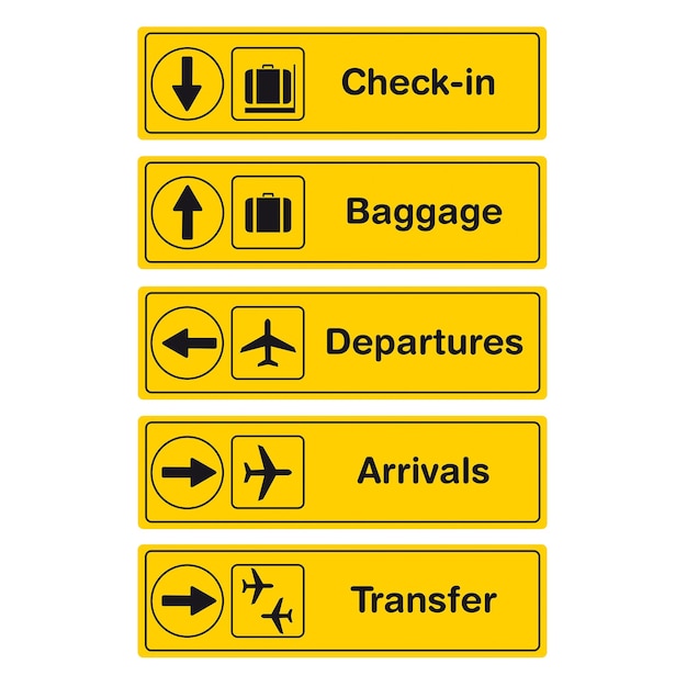 Gele luchthaveninformatieborden op een witte achtergrond