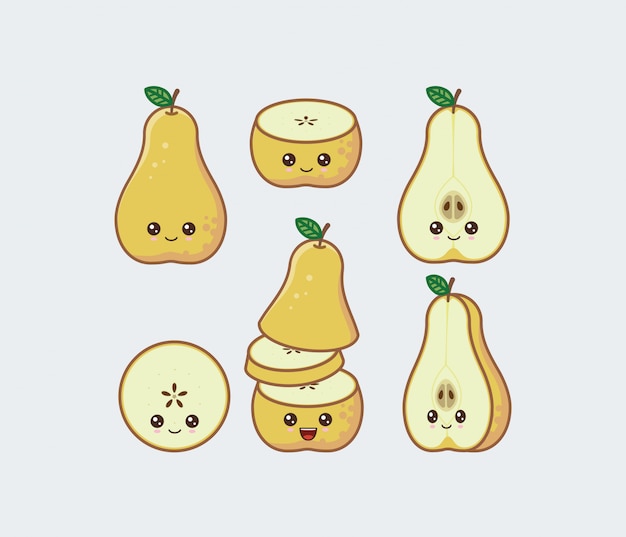 Vector gele peren set getekende schattige kawaii voedselgezichten