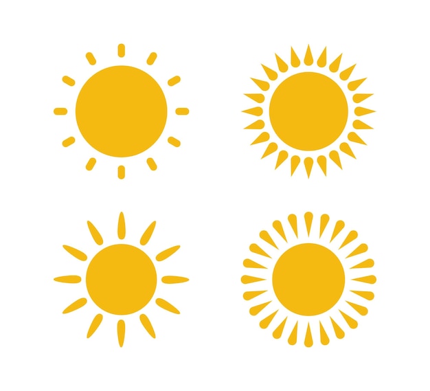 Gele platte zon met stralen pictogrammen in verschillende ontwerpen Zon silhouet pictogrammen Grafische weerborden Symbool van warmte warm en klimaat Vector illustraties set geïsoleerd op witte achtergrond