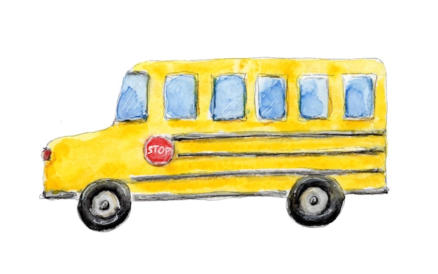 Gele schoolbus aquarel en inkt hand getekende schattige illustratie