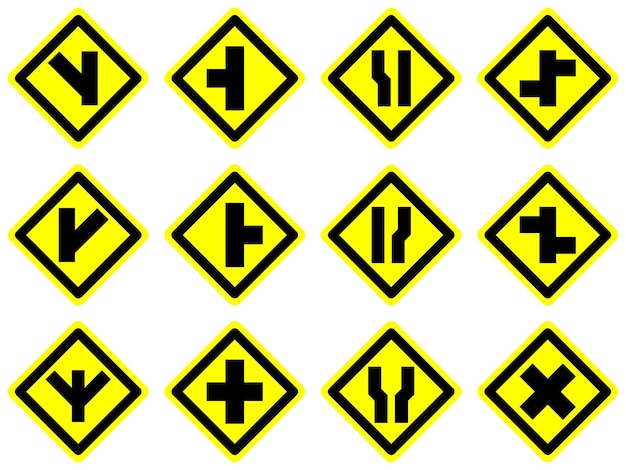 Gele smalle lijnen gesplitst wegverkeer waarschuwingsteken pijl richting icoon