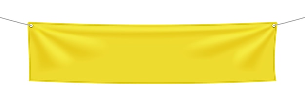 Gele textielbanner met vouwen, leeg hangend stoffenmalplaatje. leeg model. vectorillustratie geïsoleerd op een witte achtergrond