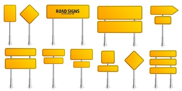 Vector gele verkeersborden op de weg, blanco bord met plaats voor tekst, mock-up, geïsoleerd informatiebord