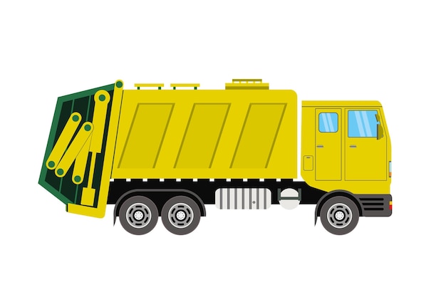 Gele vuilniswagen en rood vuilniscontainer cartoon voertuig geïsoleerd op witte recycling vector