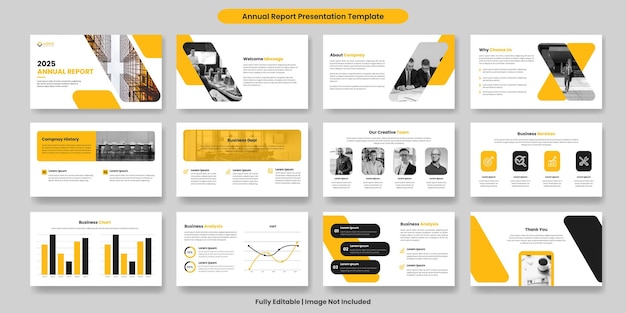 Gele zakelijke PowerPoint-presentatiediasjabloon of lay-out van de jaarverslagbrochure