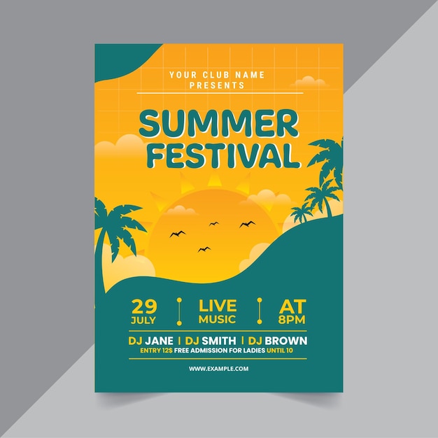 Gele zomerfeest flyer lay-out met palmbomen