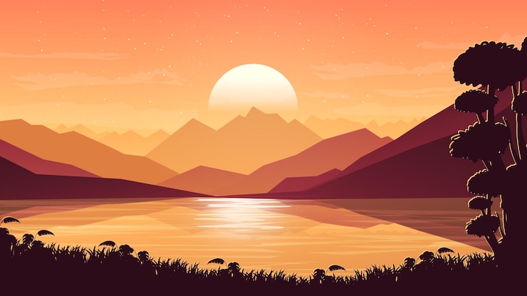 Vector gele zon meer berg illustratie behang 8k resolutie