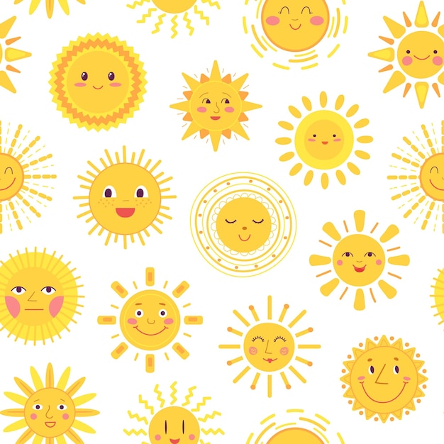 Gele zon patroon zomer zonnen krabbel schets baby print ochtend stripfiguren grappige zonnige kinderachtig fatsoenlijke vector naadloze textuur