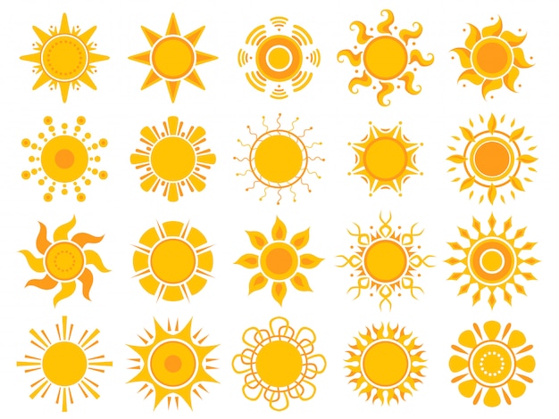 Gele zon pictogram. Oranje geïsoleerde de zomer abstracte symbolen van de weerzonneschijn