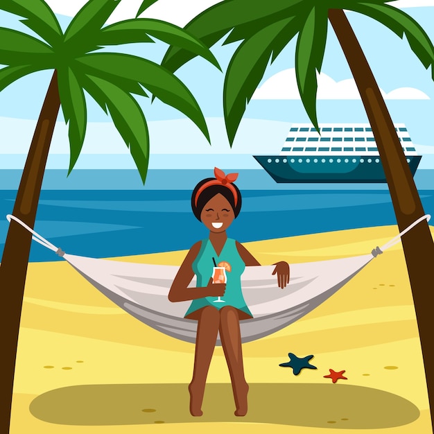 Gelooid meisje op hangmat met cocktailillustratie. jong meisje geniet van ontspannen op tropisch geel strand met uitzicht op de blauwe oceaan en zeilen passagiersschip. vector cartoon vakantie.