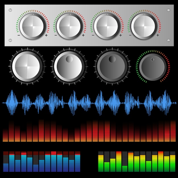 Vector geluidsgolven digitale muziekgolven en softwareknoppen