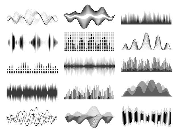 Geluidsgolven. Grafische muziek geluidsgolf frequentie. Pulslijnen, radio-equalizer, spraakopname of impulsgolf. Audiospeler grafiek vector set. Vloeiende soundtrackbalk met rondingen in studio of club