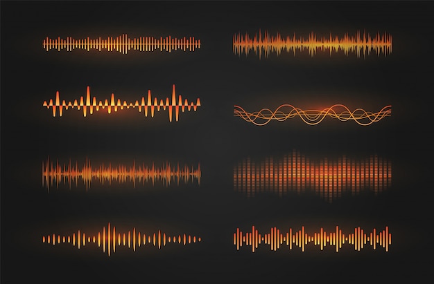 Geluidsgolven icon set. lichtgevende lijnen die een geluid of radiogolf, muziekequaliser of digitaal cardiogram, gui-ontwerpelementen weergeven. geïsoleerde illustratie.