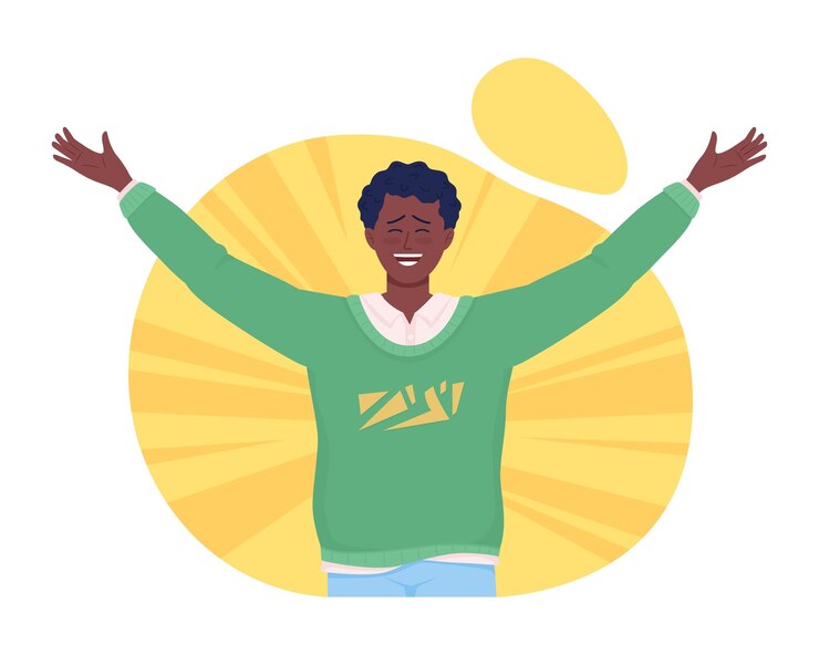 Vector geluk 2d vector geïsoleerde illustratie opgewonden en vrolijk vlak karakter op cartoon achtergrond man voelt zich gelukkig en tevreden kleurrijke scène voor mobiele websitepresentatie