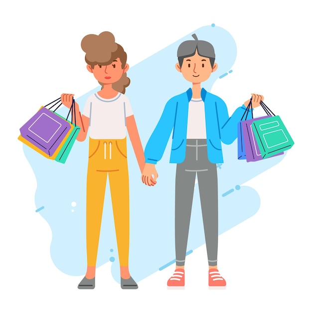 Geluk, blijdschap, shopaholic, stijlvol, modieus paar in een winkelcentrum met winkeltassen.