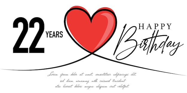 Gelukkig 22e verjaardagskaart vector sjabloon met mooie hartvorm.