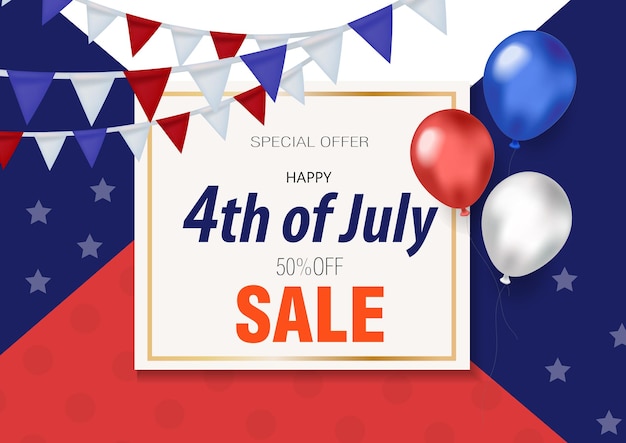 Gelukkig 4 juli-banner met ballonnen kortingsverkoop speciale aanbieding american independence day-sjabloon