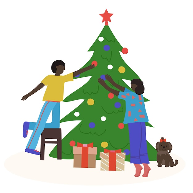 Gelukkig afro-amerikaans stel dat de kerstboom versiert