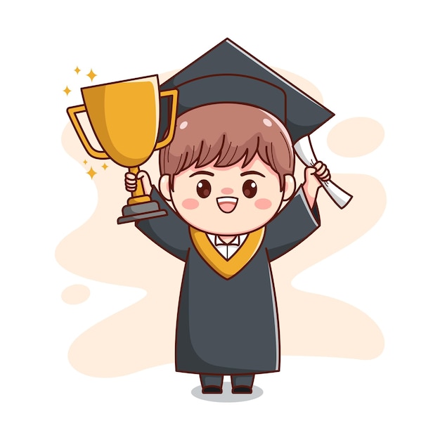 Gelukkig afstuderen jongen met trofee en papier schattig kawaii chibi cartoon
