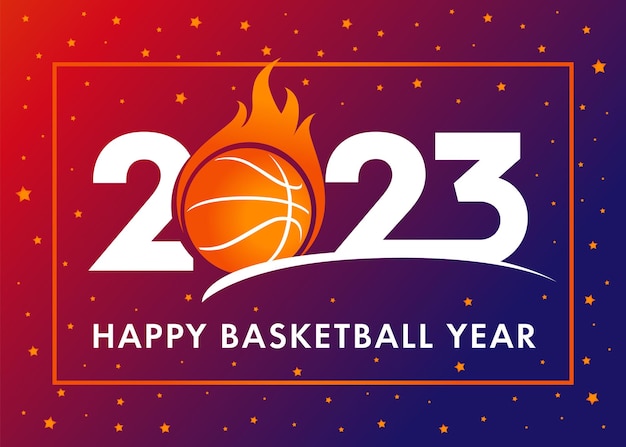 Gelukkig basketbal jaar 2023. sport cover achtergrond logo 2023 met creatieve brandende bal.